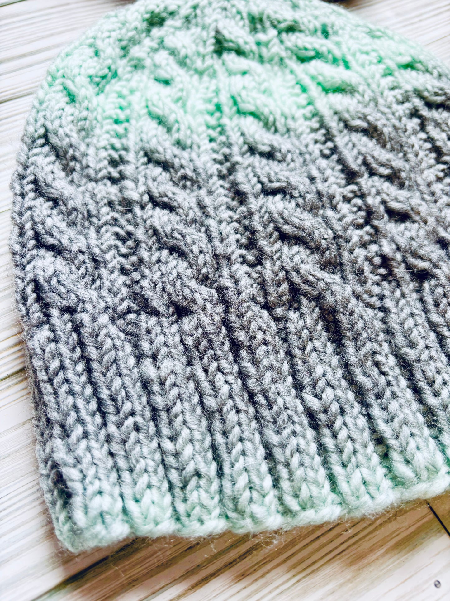 Mint and Fog Cabled Beanie