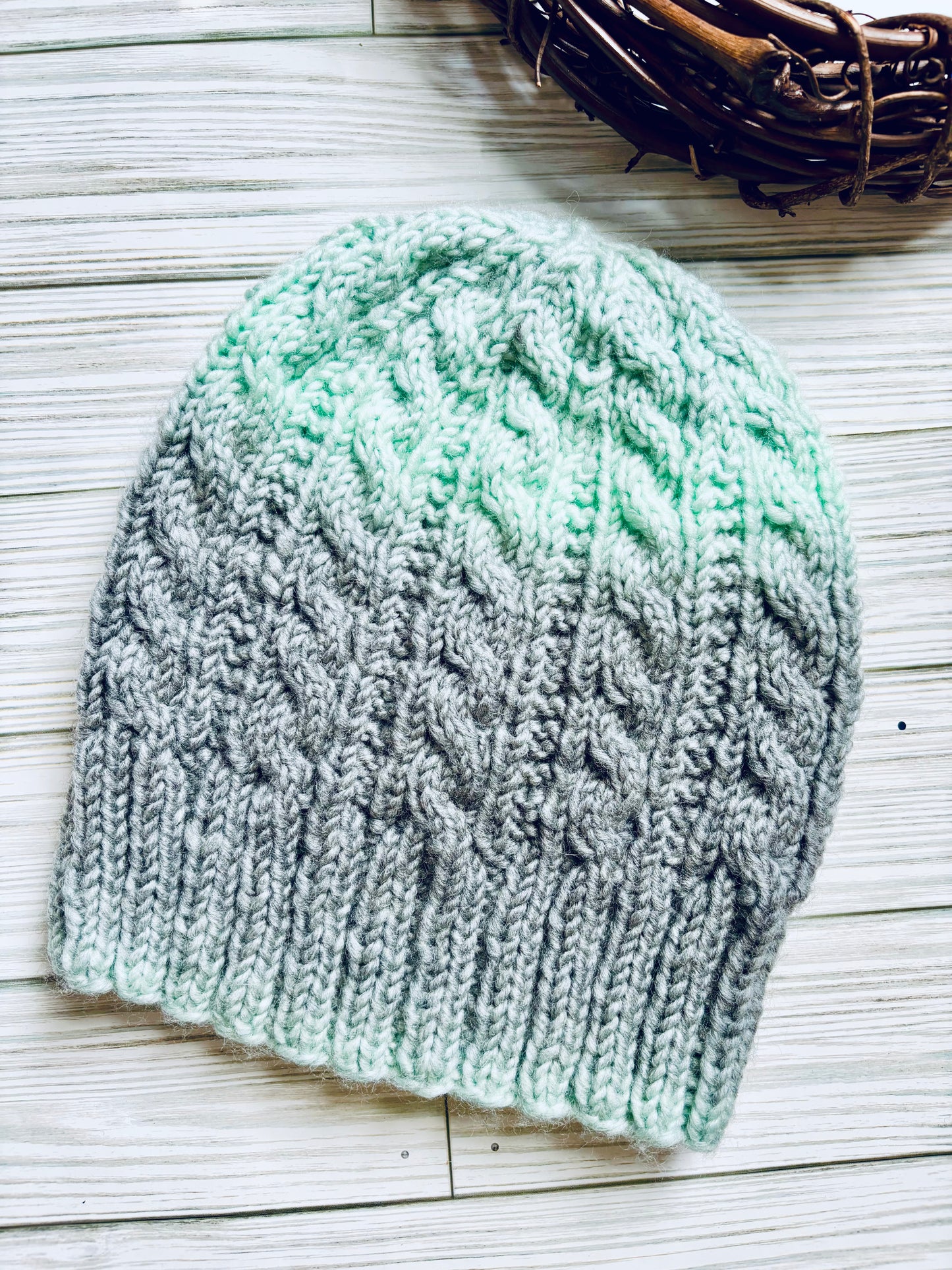Mint and Fog Cabled Beanie