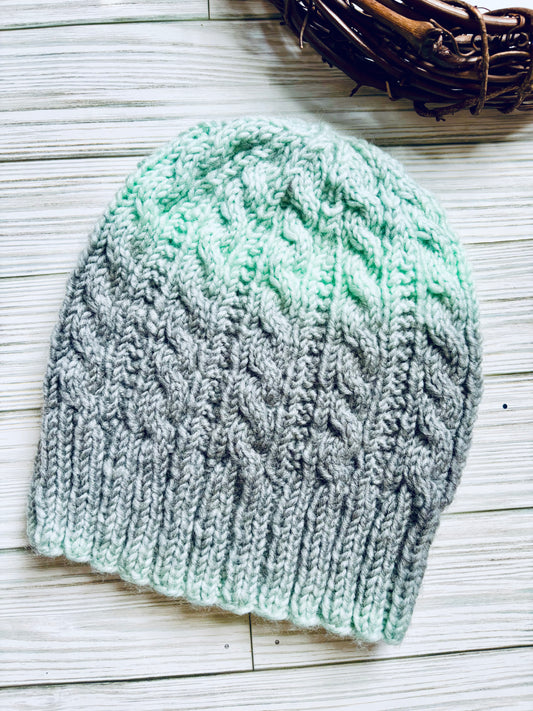 Mint and Fog Cabled Beanie